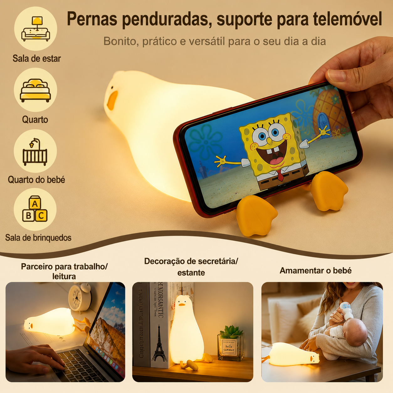 🦆 Luz Noturna Patinho em Silicone Recarregável